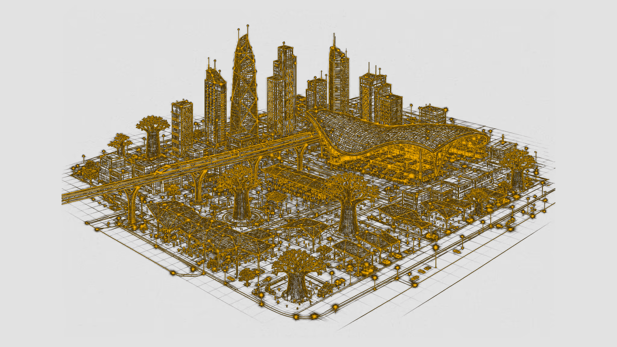 Golden wireframe futuristic African city district: patterned towers, sweeping market hall roof, elevated transit line, baobab trees, solar canopies
