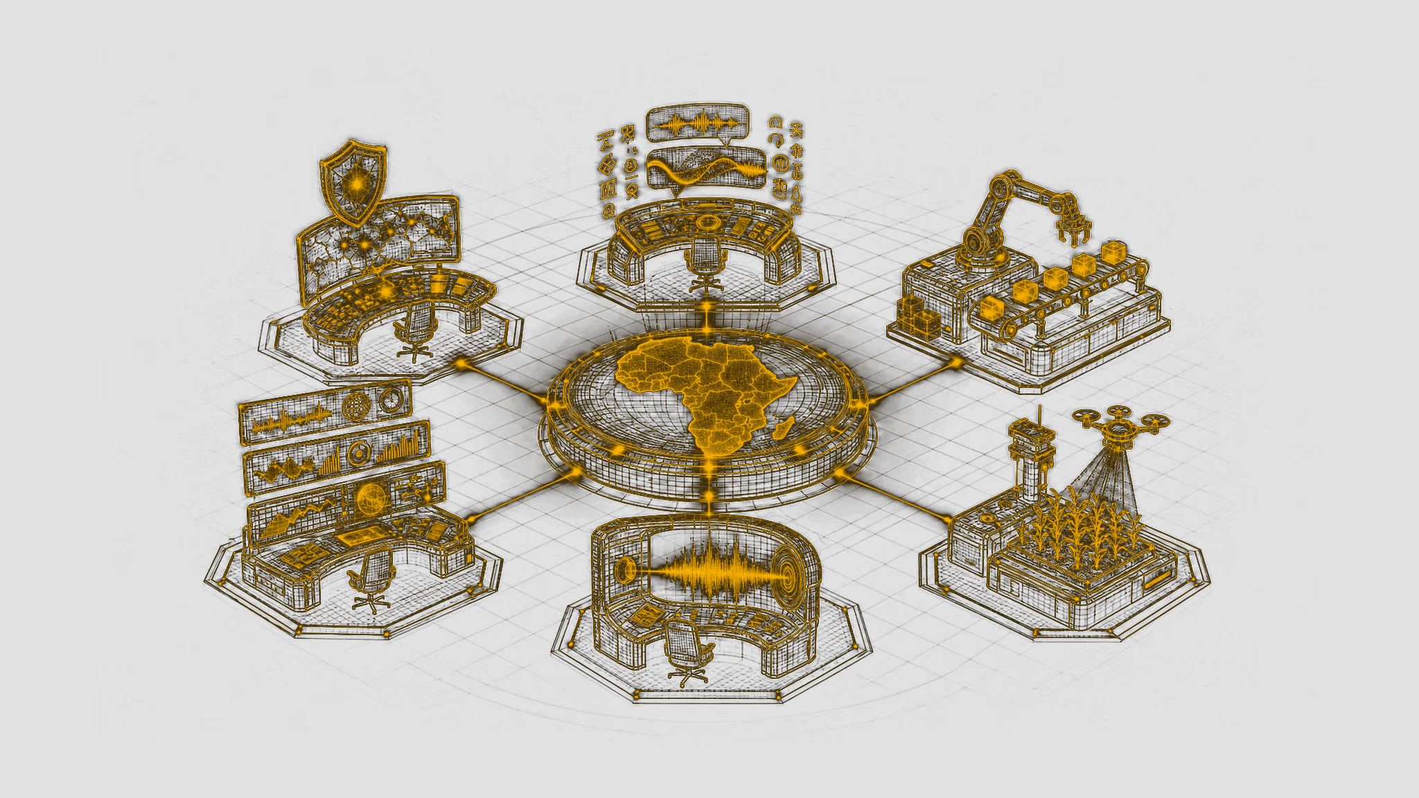 Golden wireframe operations deck with six systems workstations linked to a central holographic table projecting Africa