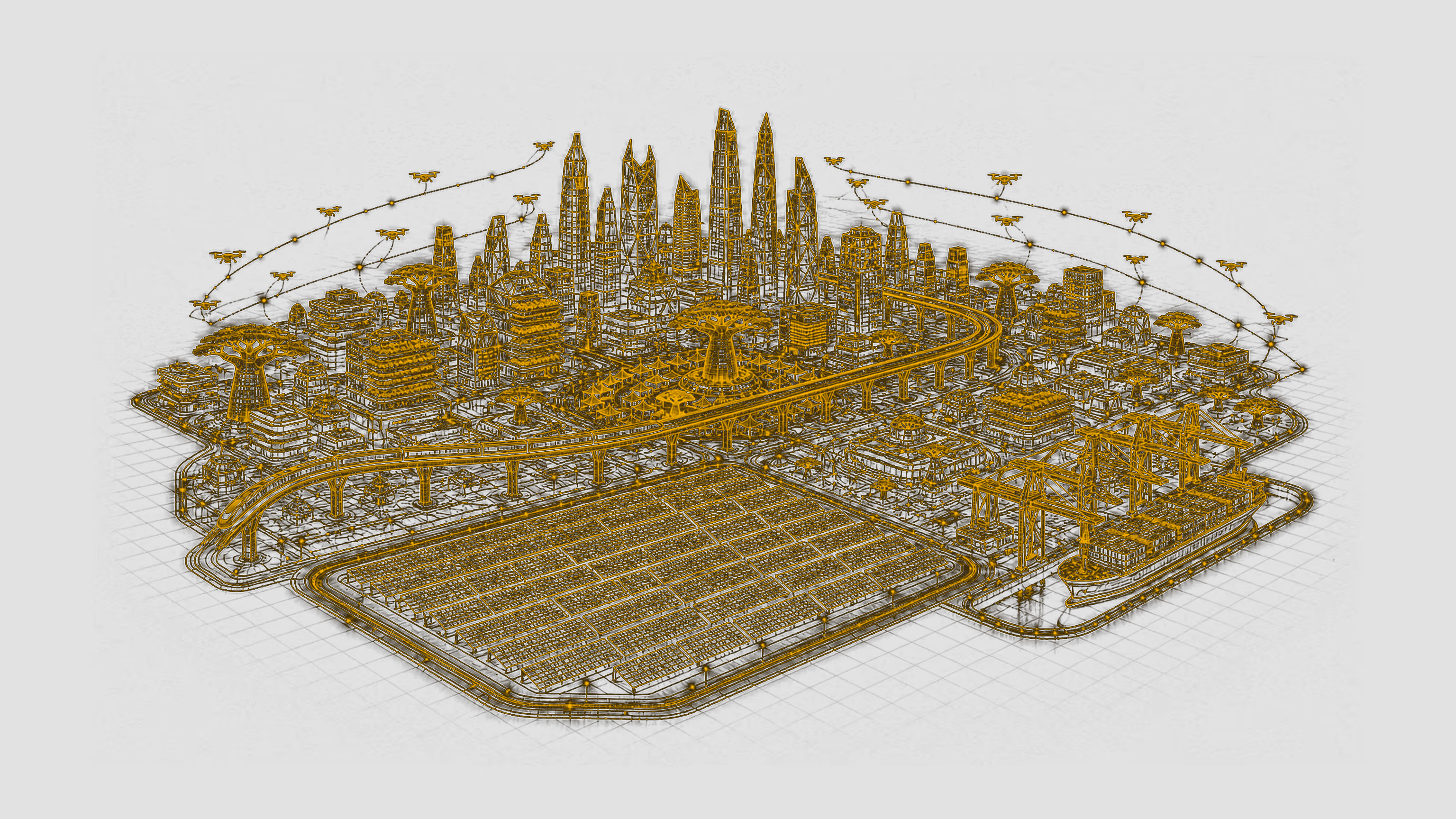 Golden wireframe futuristic African metropolis with towers, vertical farms, automated port, transit, market plaza, solar field, and baobab trees